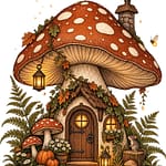 enchanted autumn t shirt design with mushroom house, pumpkins and autumn leaves