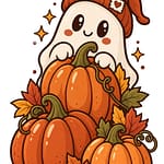 Autumn Ghost T‑shirt design featuring a cute ghost and pumpkins.