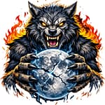 Fiery werewolf gripping a cracked glowing moon with blue energy and flames in the background.