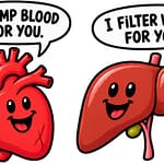Funny cartoon organs illustration featuring lungs, heart, liver and brain with humorous speech bubbles.