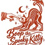 Skeletal spooky cat with bat on its tail, crescent moon and stars, with the text Boop the Spooky Kitty.
