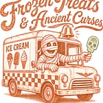 Summerween mummy ice cream t‑shirt design showing a mummy driving an ice‑cream truck with Frozen Treats & Ancient Curses artwork.