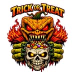 Fiery Halloween pumpkin monster print holding a skull candy bowl with bold “Trick or Treat” text.