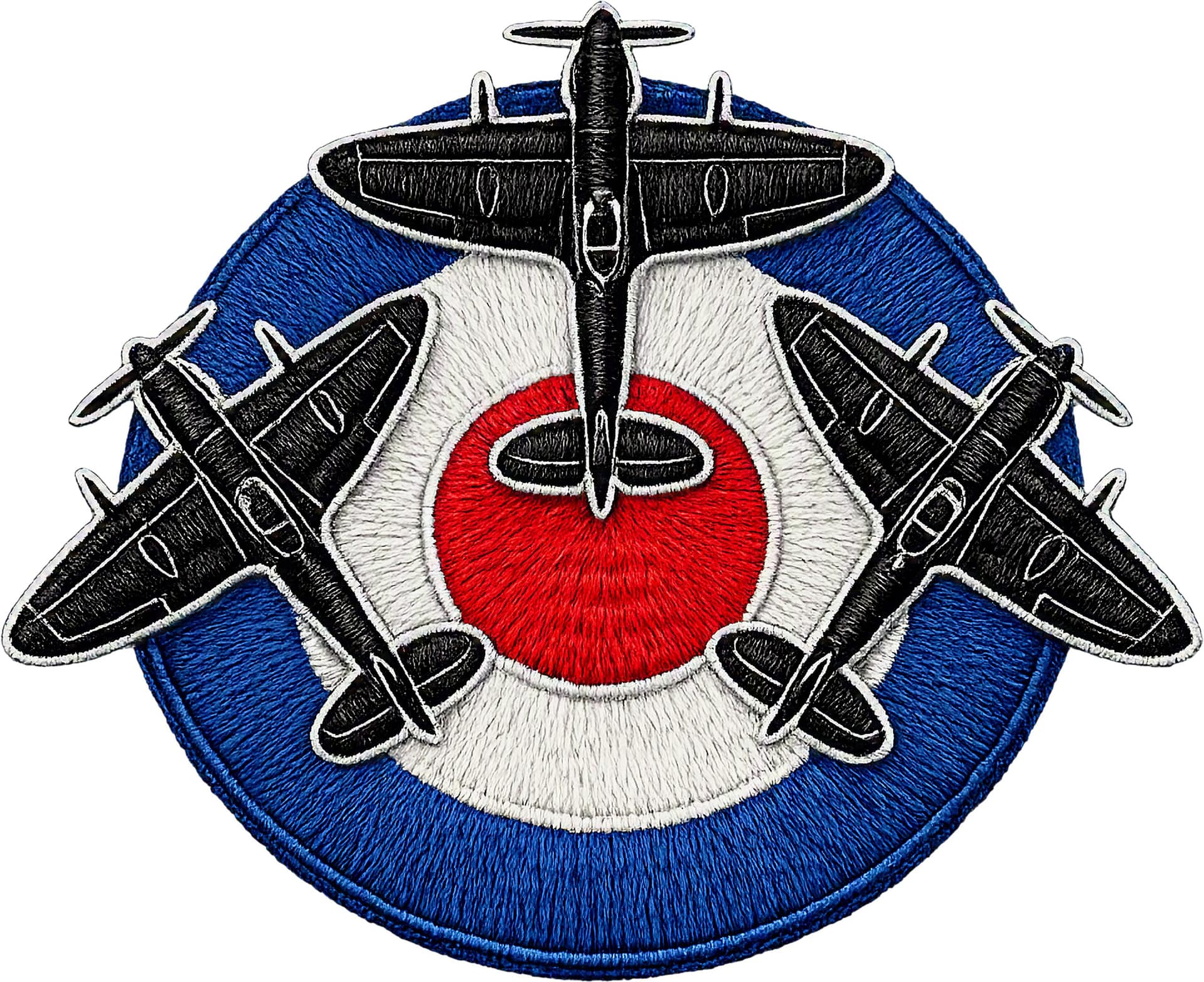 raf triple aircraft roundel t shirt design featuring three black aircraft silhouettes over the raf roundel