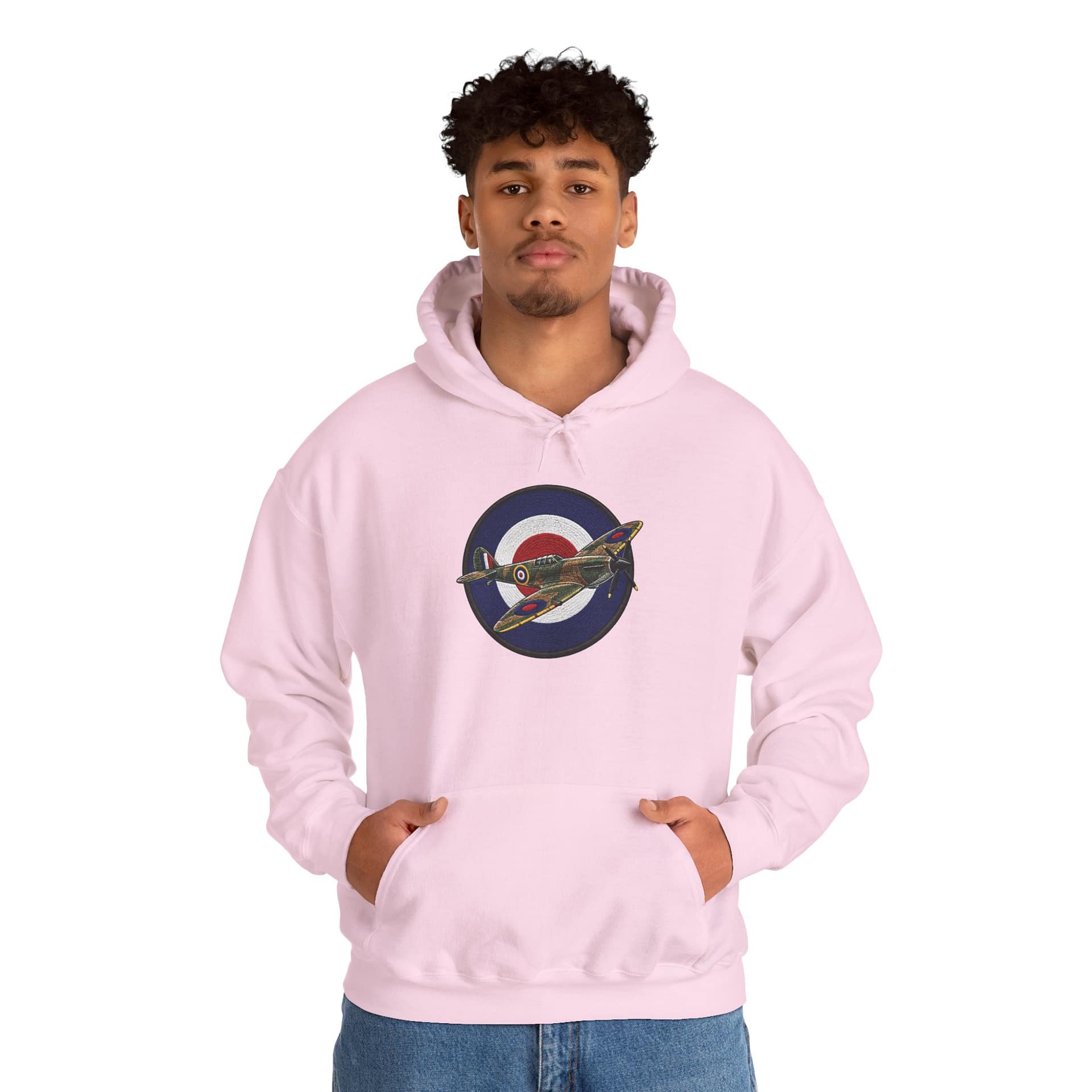 Model wearing Spitfire Vintage RAF Roundel Hoodie with WWII fighter plane artwork