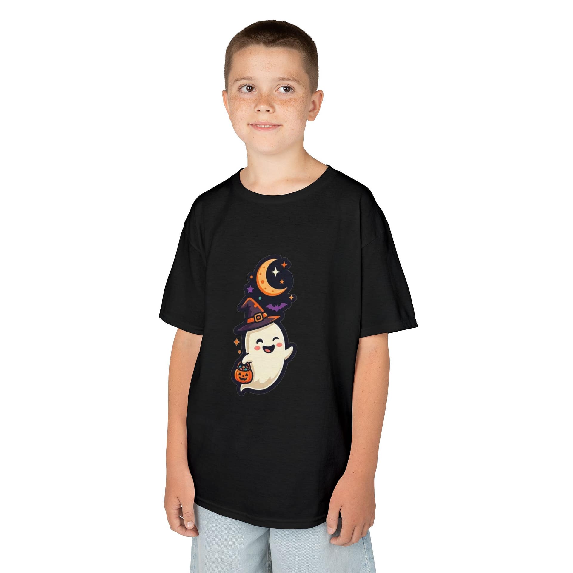 model wearing kids halloween ghost t‑shirt