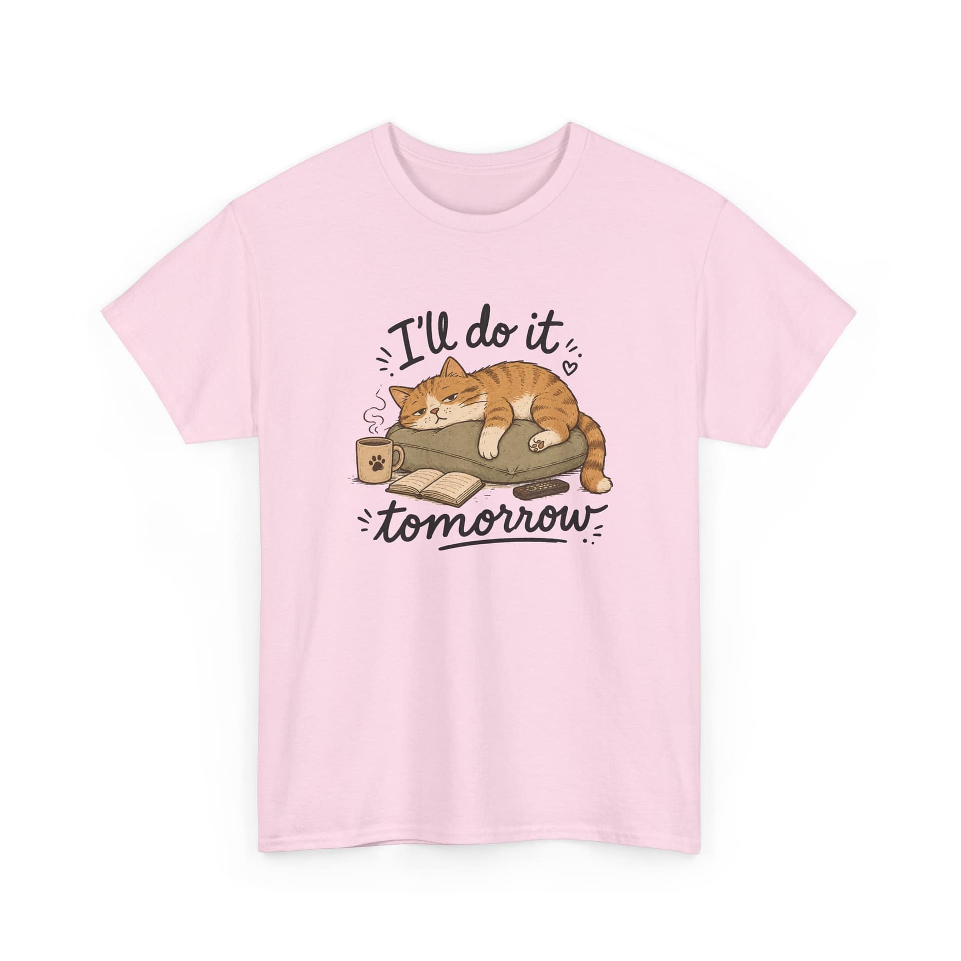 Funny lazy cat graphic saying I’ll Do It Tomorrow on soft cotton tee