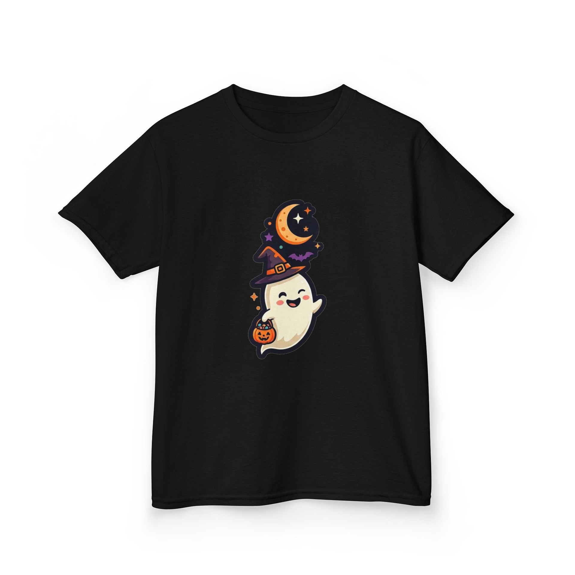 kids halloween ghost t‑shirt with witch hat and pumpkin design