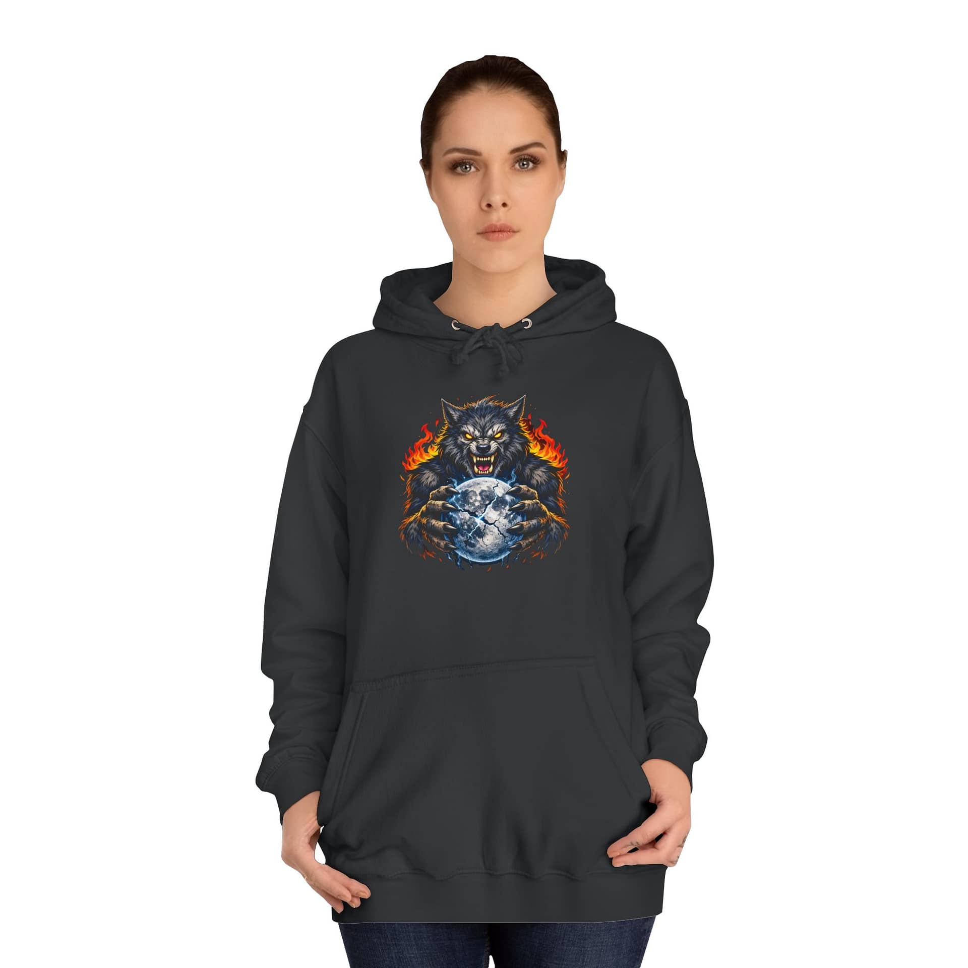 Model wearing Wolf Spirit Hoodie with bold werewolf moon artwork
