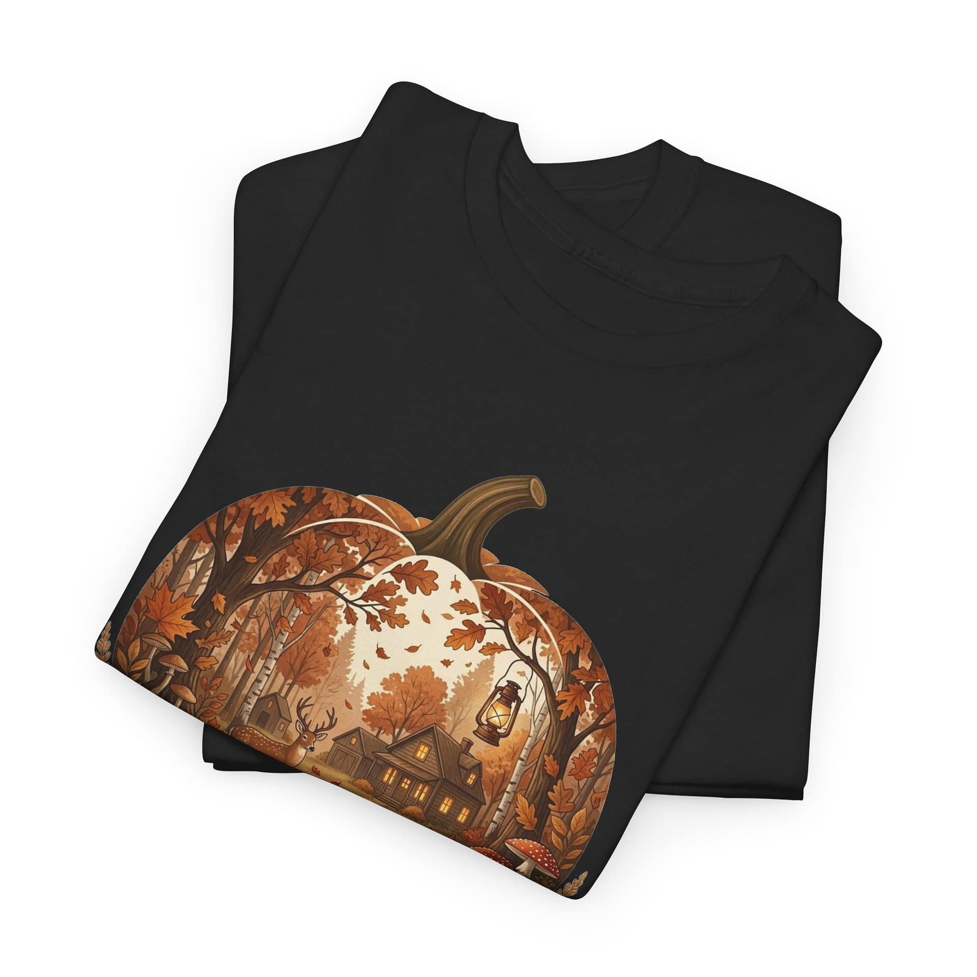 Flat lay of Autumn Pumpkin Scene T‑Shirt showing warm seasonal pumpkin design