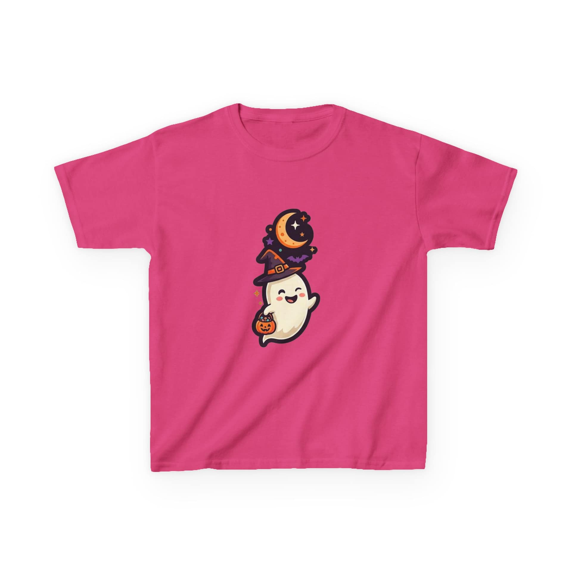 kids halloween ghost t‑shirt with witch hat and pumpkin design