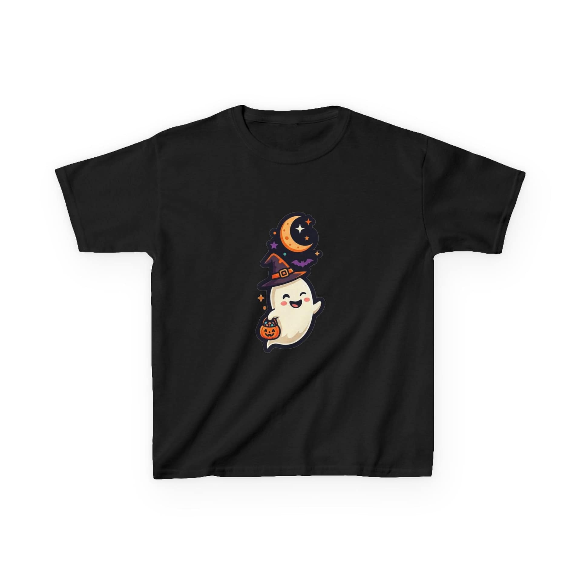 kids halloween ghost t‑shirt with witch hat and pumpkin design