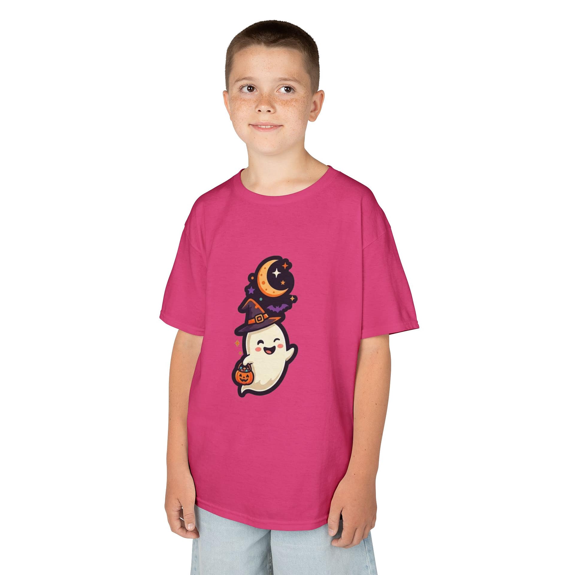 model wearing kids halloween ghost t‑shirt