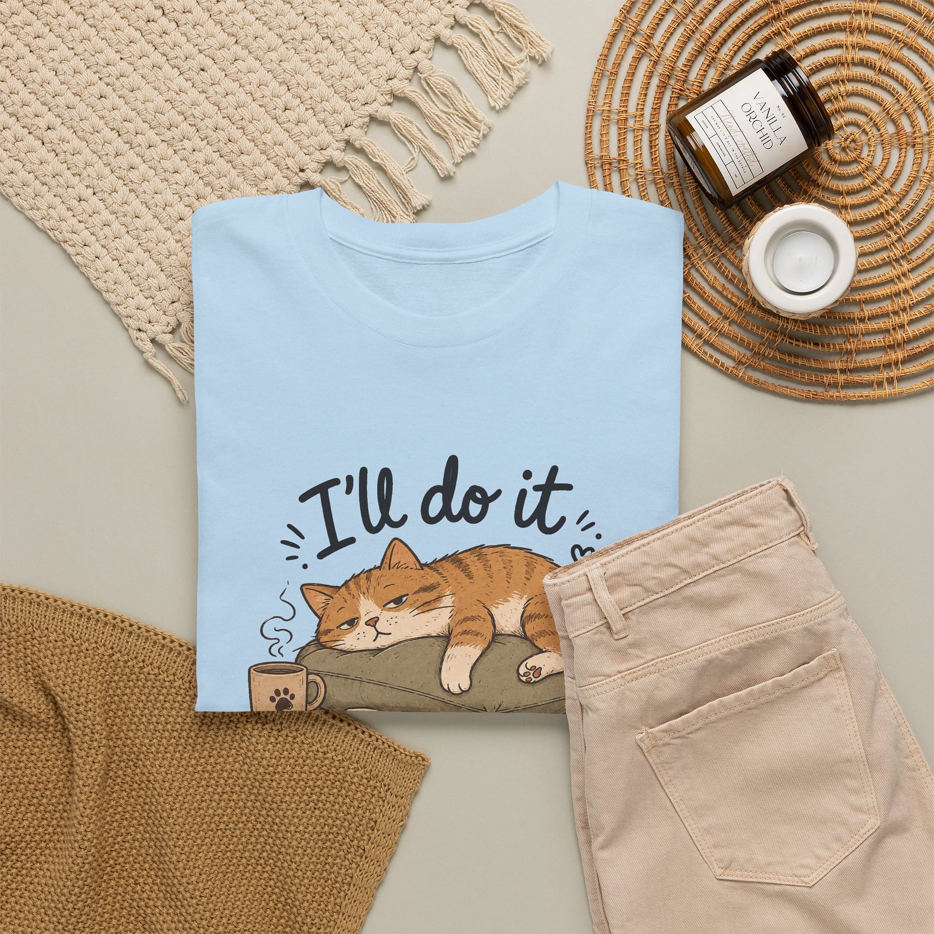 Lazy cat illustration printed on heavy cotton unisex T‑shirt