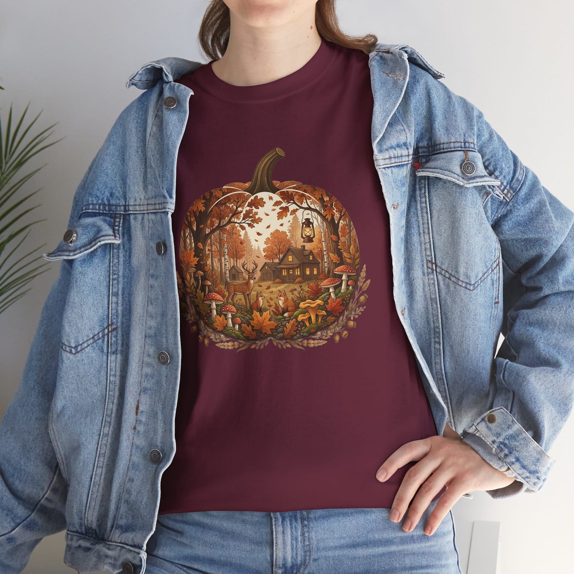 Autumn Pumpkin Scene T‑Shirt with warm fall colours and peaceful pumpkin illustration