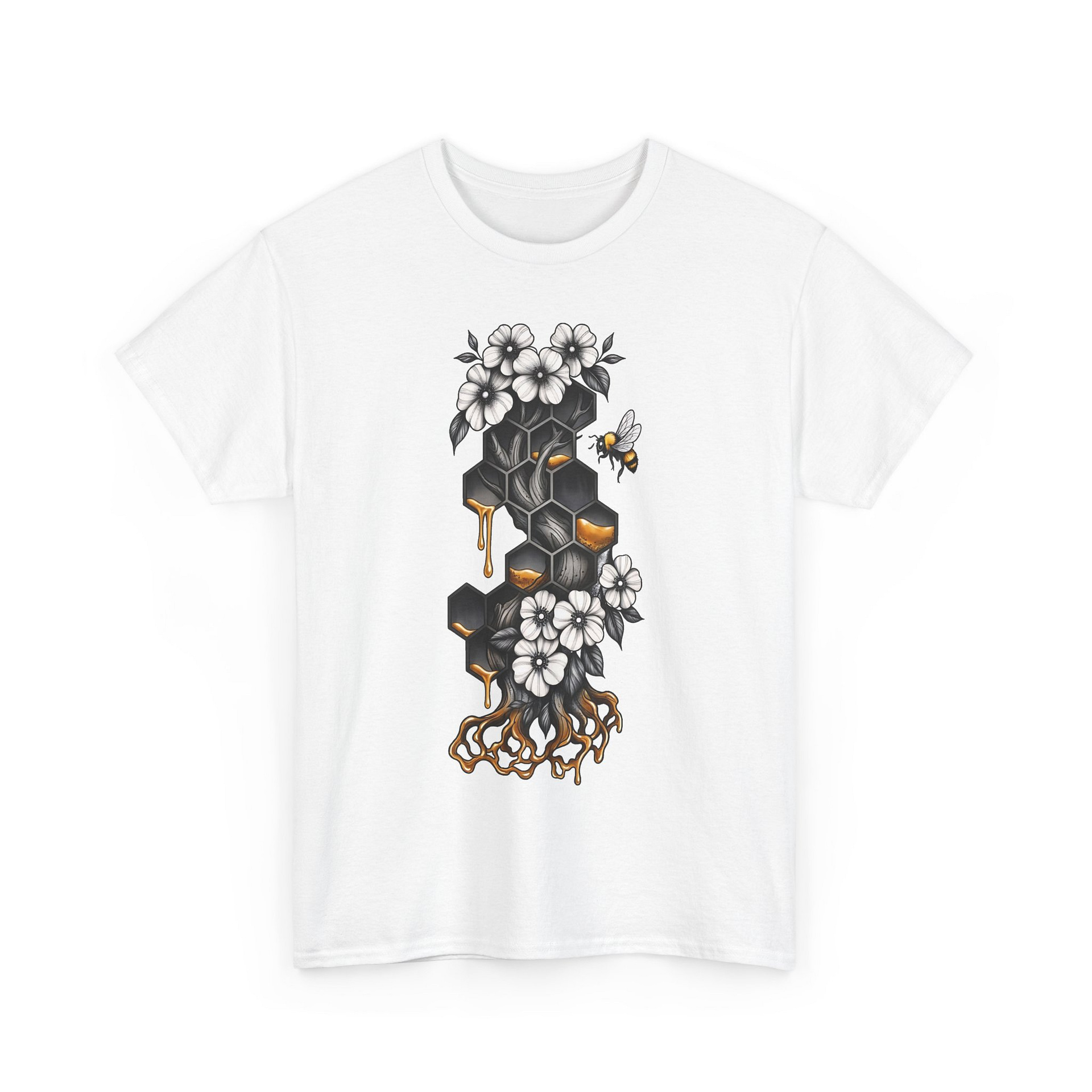 Honeycomb & Blossoms T-Shirt — Floral Bee Graphic Tee