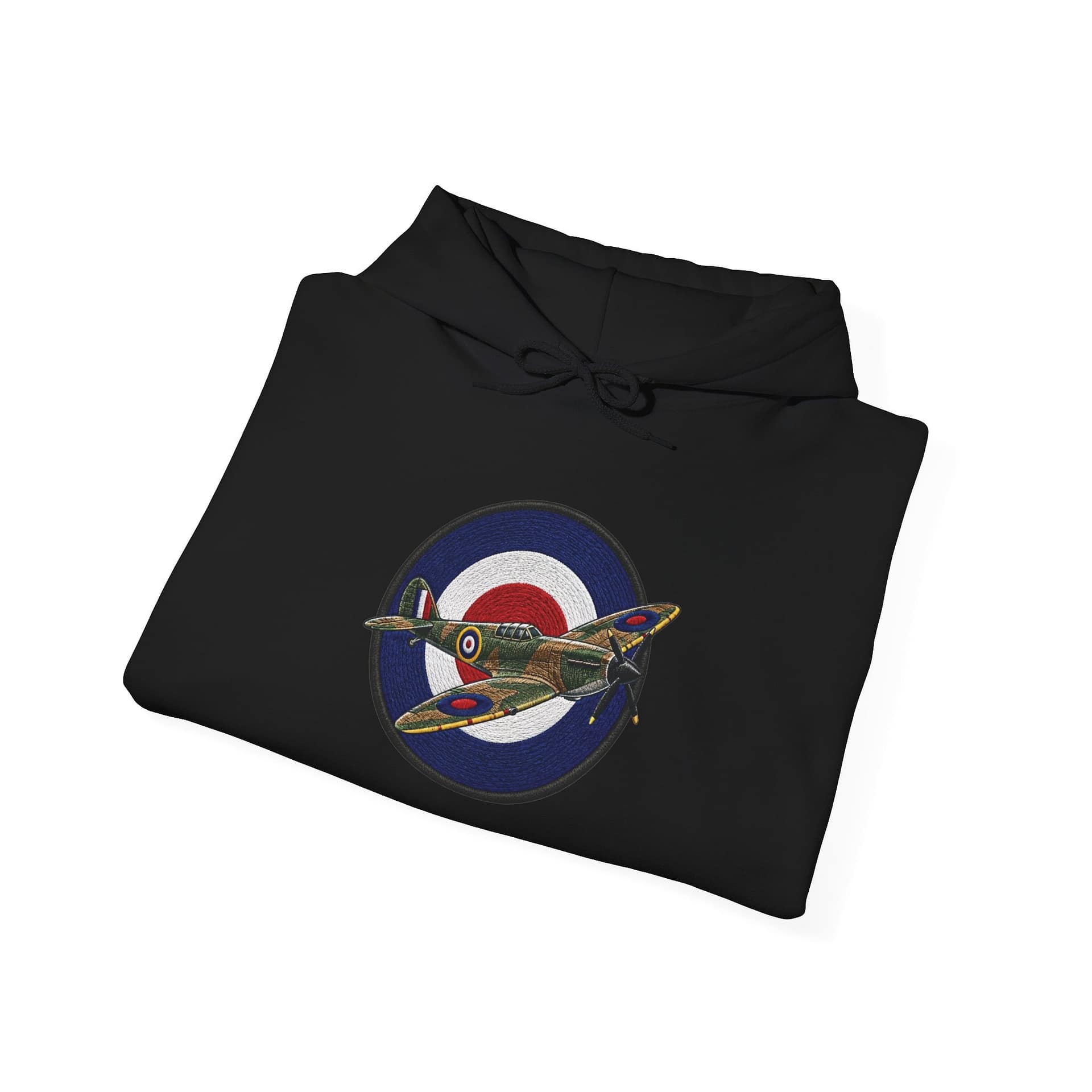 Spitfire Vintage RAF Roundel Hoodie flat lay showing retro aircraft design