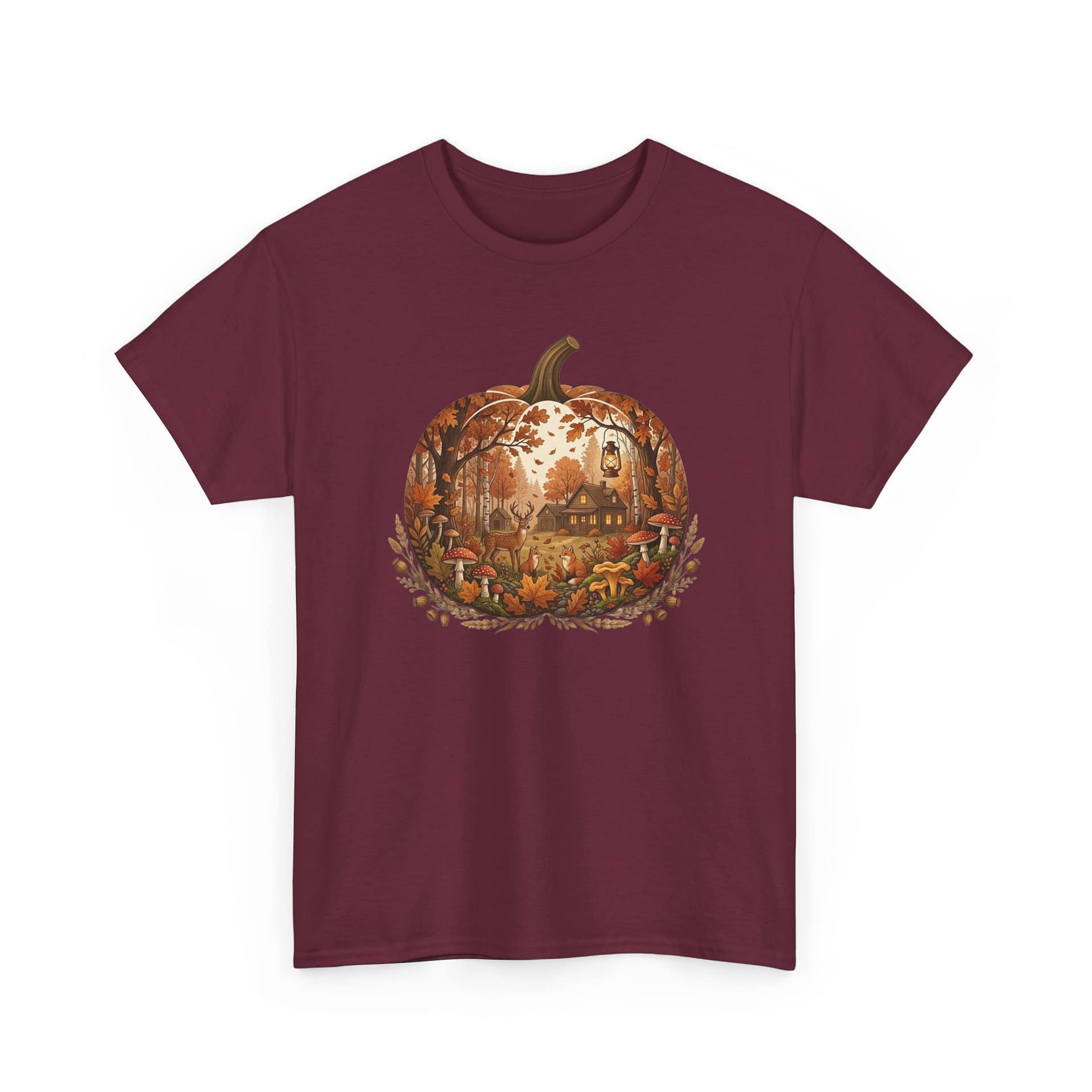 Print detail of autumn pumpkin illustration on soft cotton T‑shirt