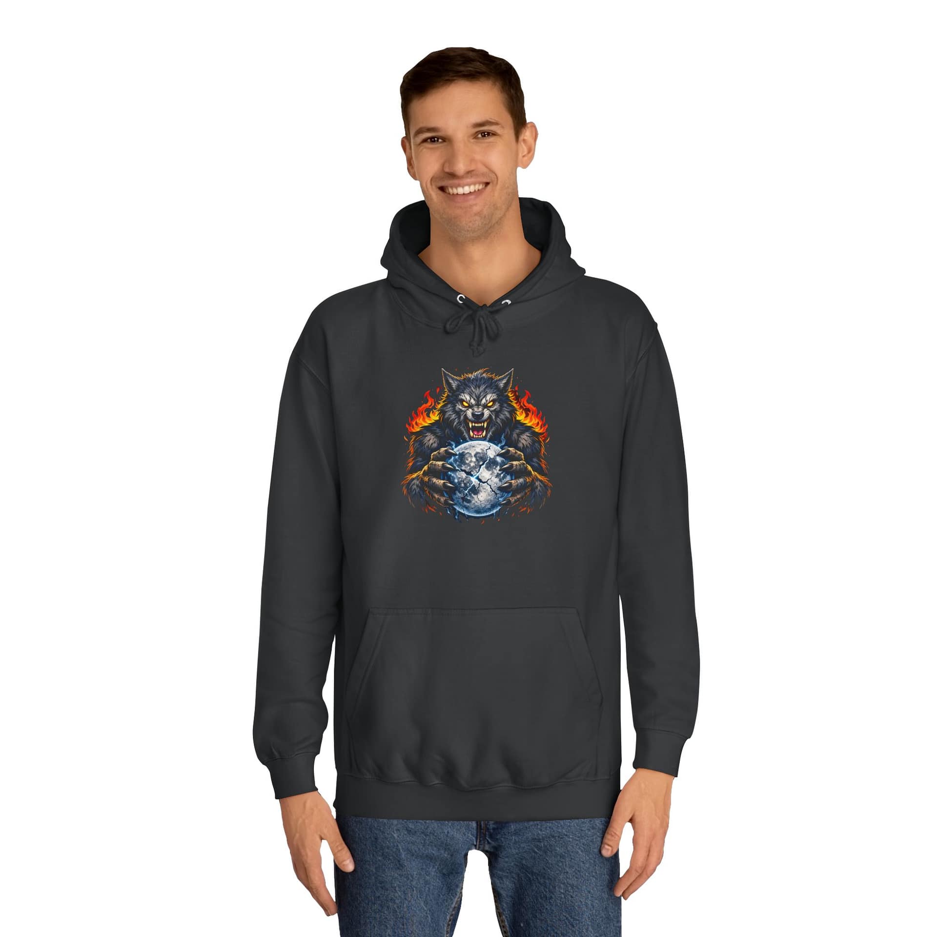 Model wearing Wolf Spirit Hoodie with bold werewolf moon artwork