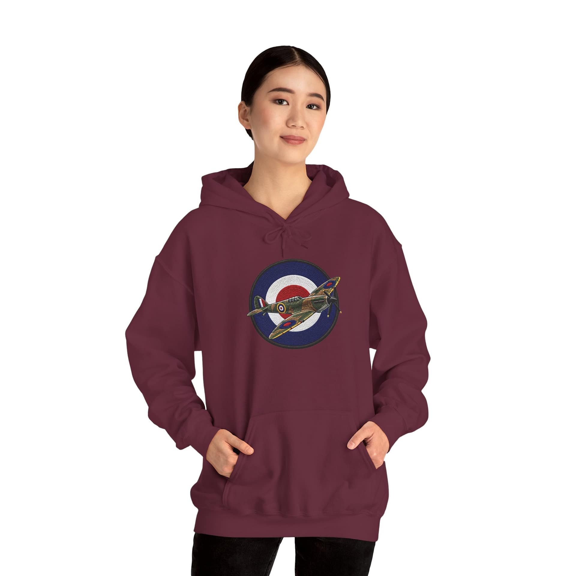 Model wearing Spitfire Vintage RAF Roundel Hoodie with WWII fighter plane artwork