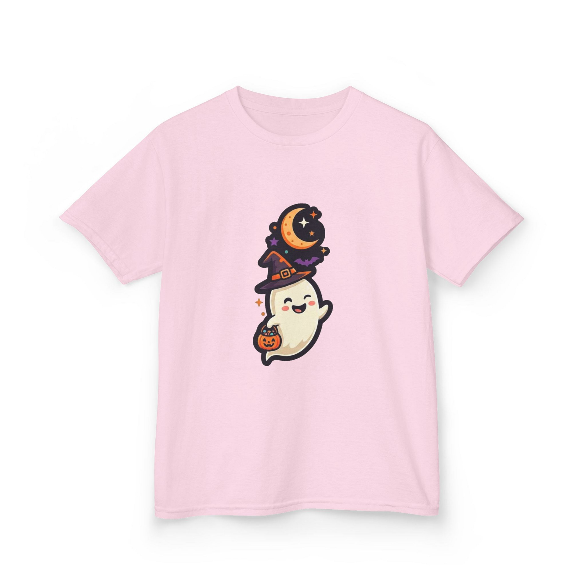 Kids Tee — Cute Halloween Ghost with Witch Hat & Pumpkin Trick-or-Treat Shirt - Image 26