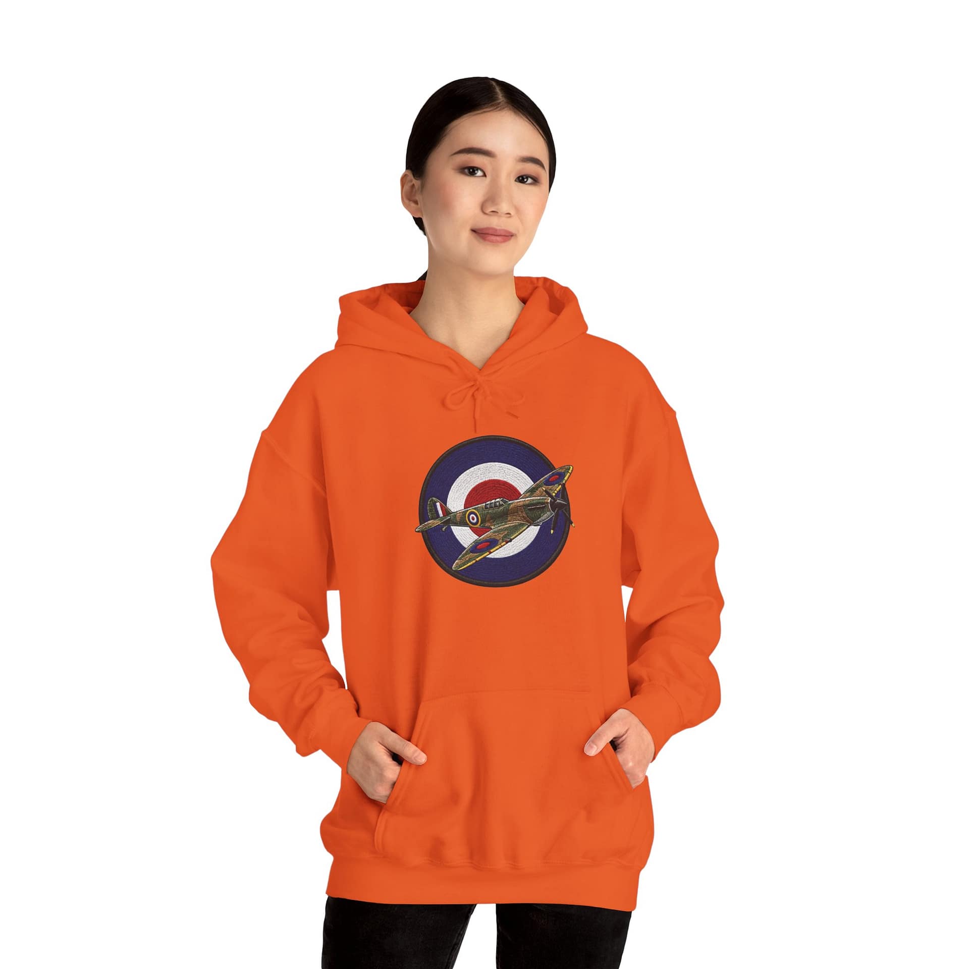 Model wearing Spitfire Vintage RAF Roundel Hoodie with WWII fighter plane artwork