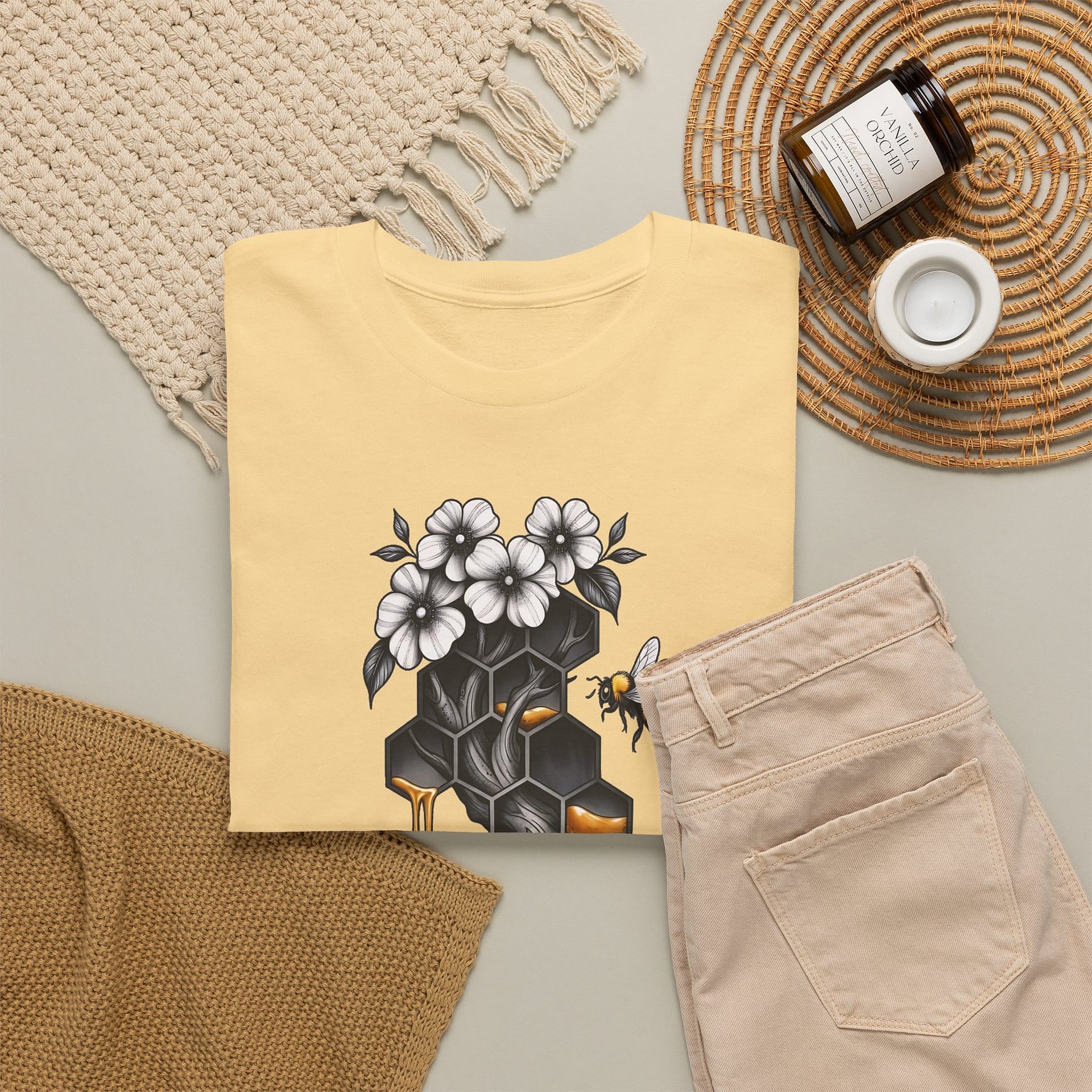 Honeycomb & Blossoms T-Shirt — Floral Bee Graphic Tee - Image 8