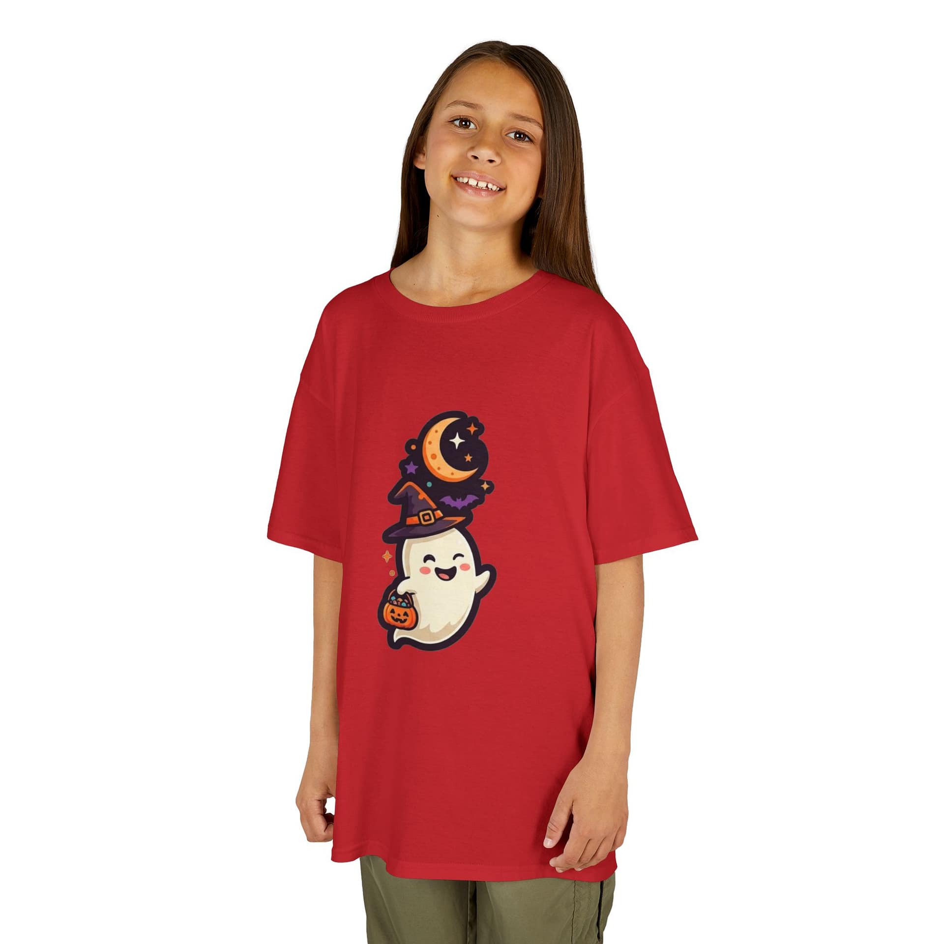 model wearing kids halloween ghost t‑shirt