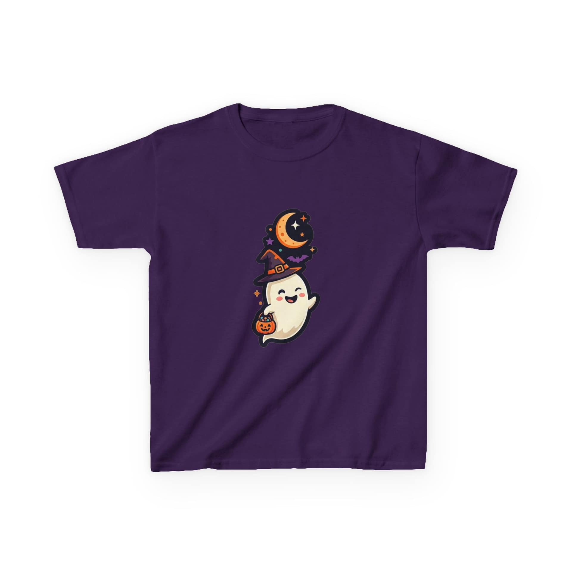 kids halloween ghost t‑shirt with witch hat and pumpkin design