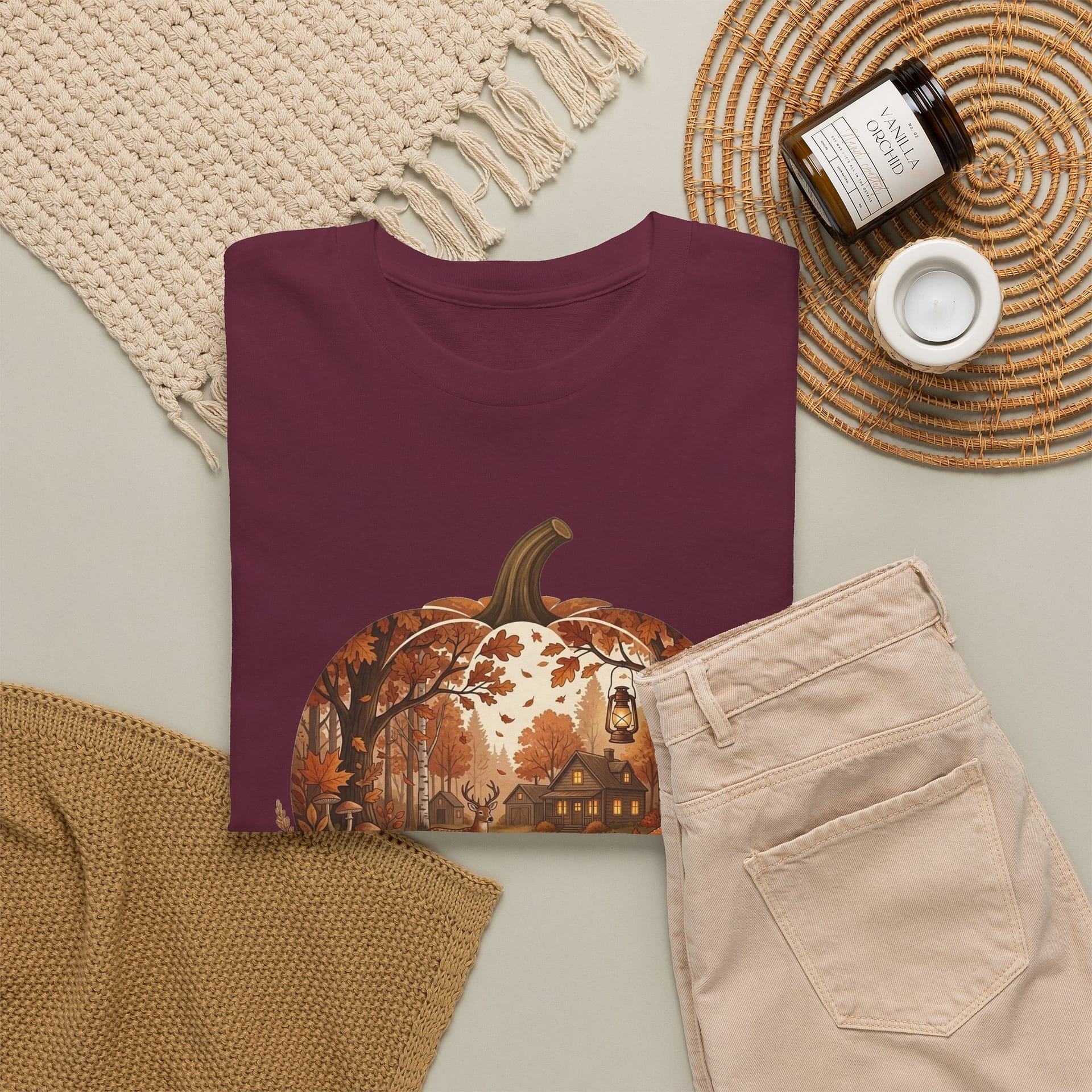 Flat lay of Autumn Pumpkin Scene T‑Shirt showing warm seasonal pumpkin design