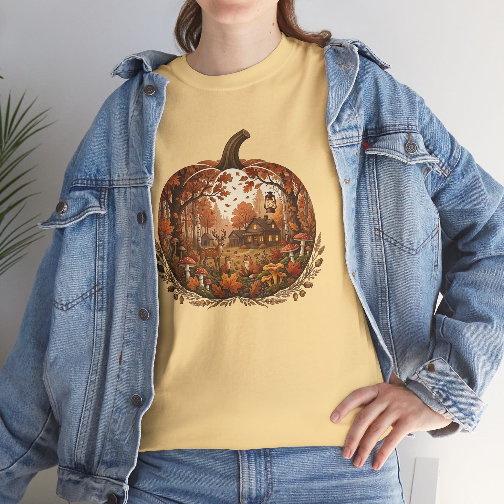 Autumn Pumpkin Scene T‑Shirt with warm fall colours and peaceful pumpkin illustration