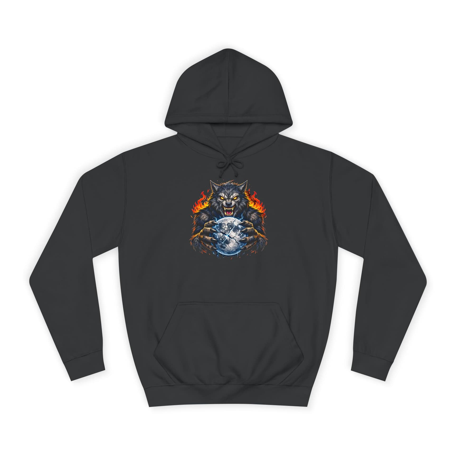Wolf Spirit Hoodie with fiery werewolf moon graphic on black hoodie