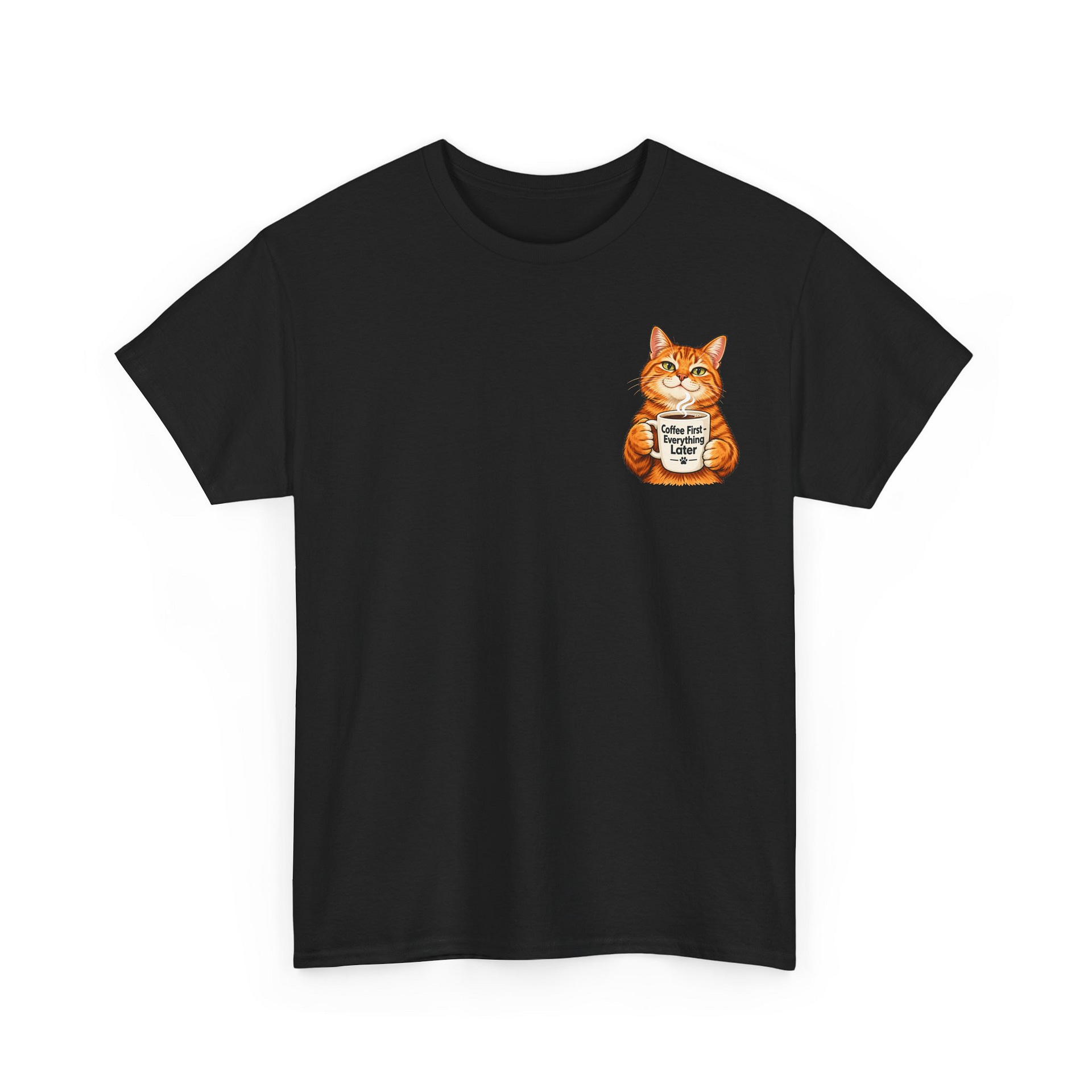 Cute orange cat holding a ‘But First Coffee’ mug printed on a unisex T‑shirt
