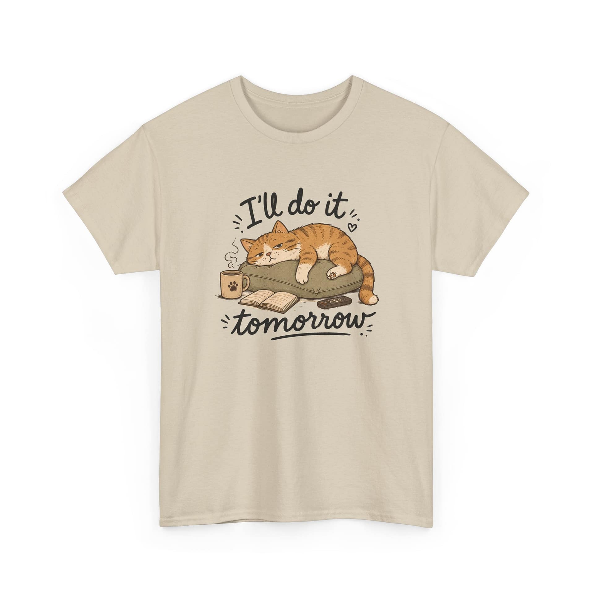 Funny lazy cat graphic saying I’ll Do It Tomorrow on soft cotton tee