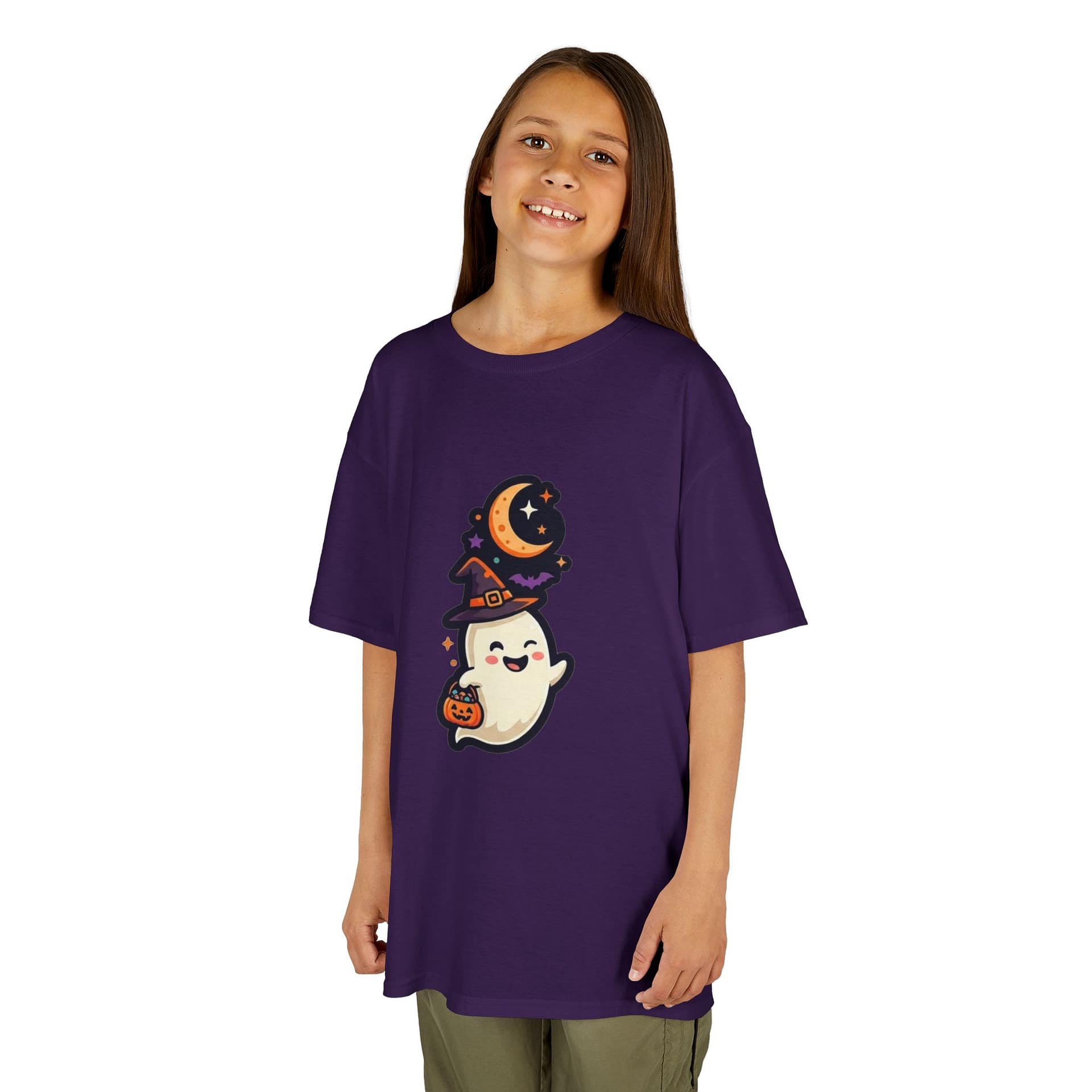model wearing kids halloween ghost t‑shirt
