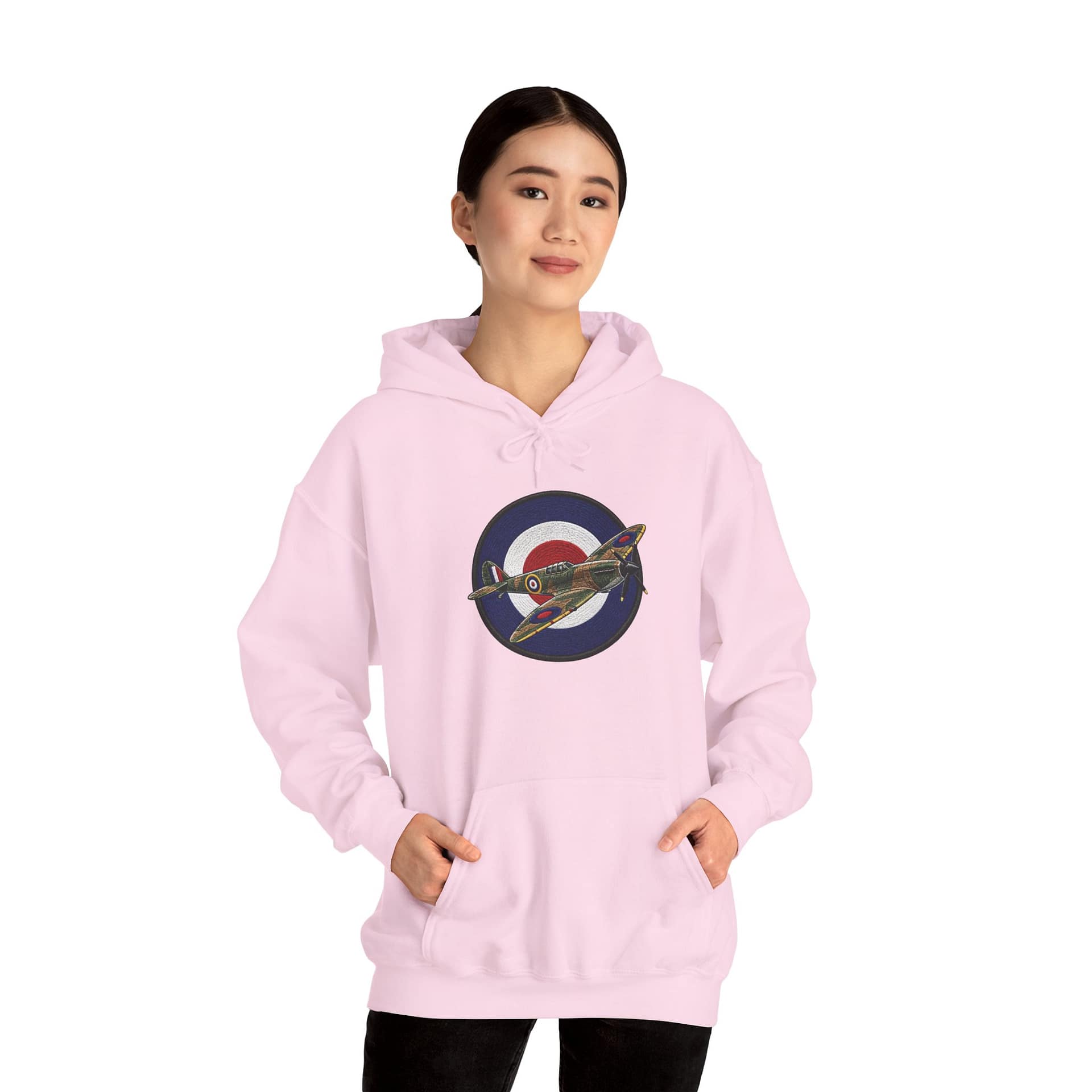 Model wearing Spitfire Vintage RAF Roundel Hoodie with WWII fighter plane artwork