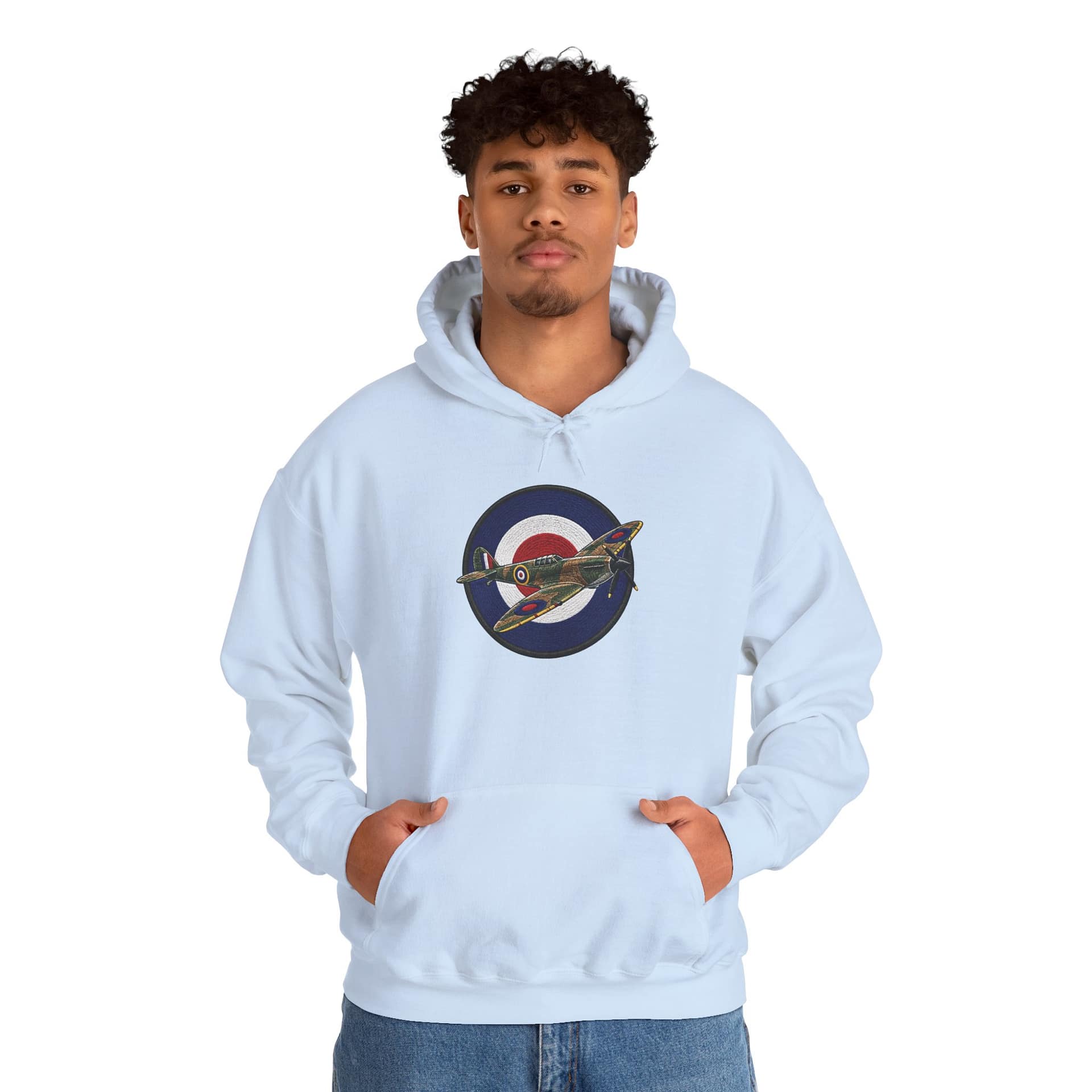 Model wearing Spitfire Vintage RAF Roundel Hoodie with WWII fighter plane artwork