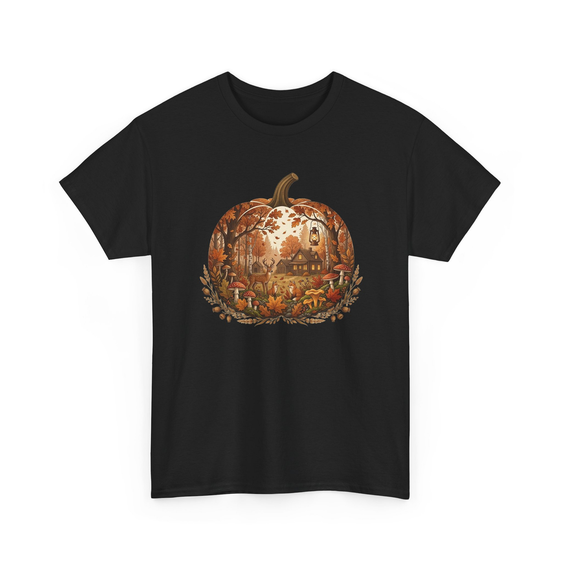 Print detail of autumn pumpkin illustration on soft cotton T‑shirt
