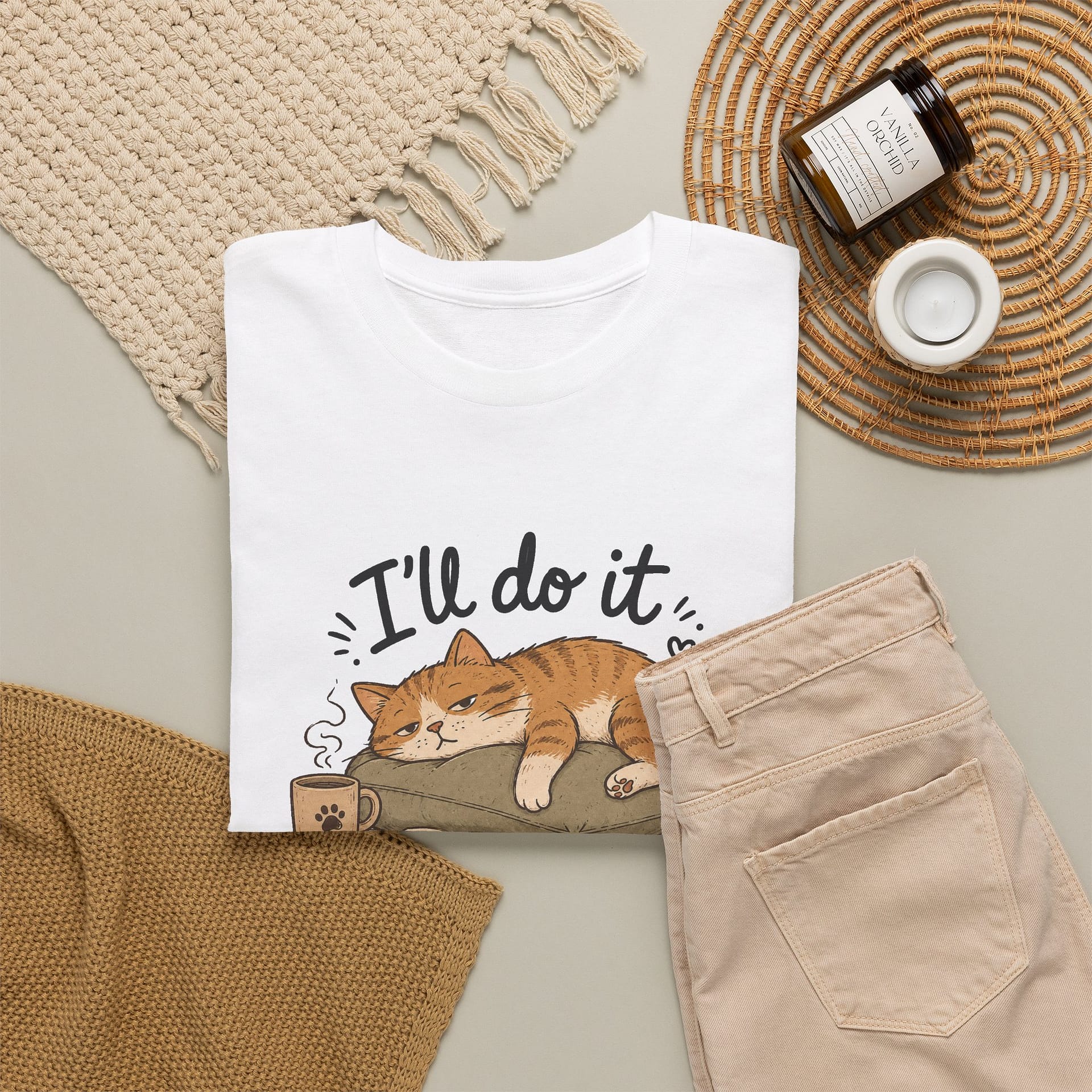 Lazy cat illustration printed on heavy cotton unisex T‑shirt