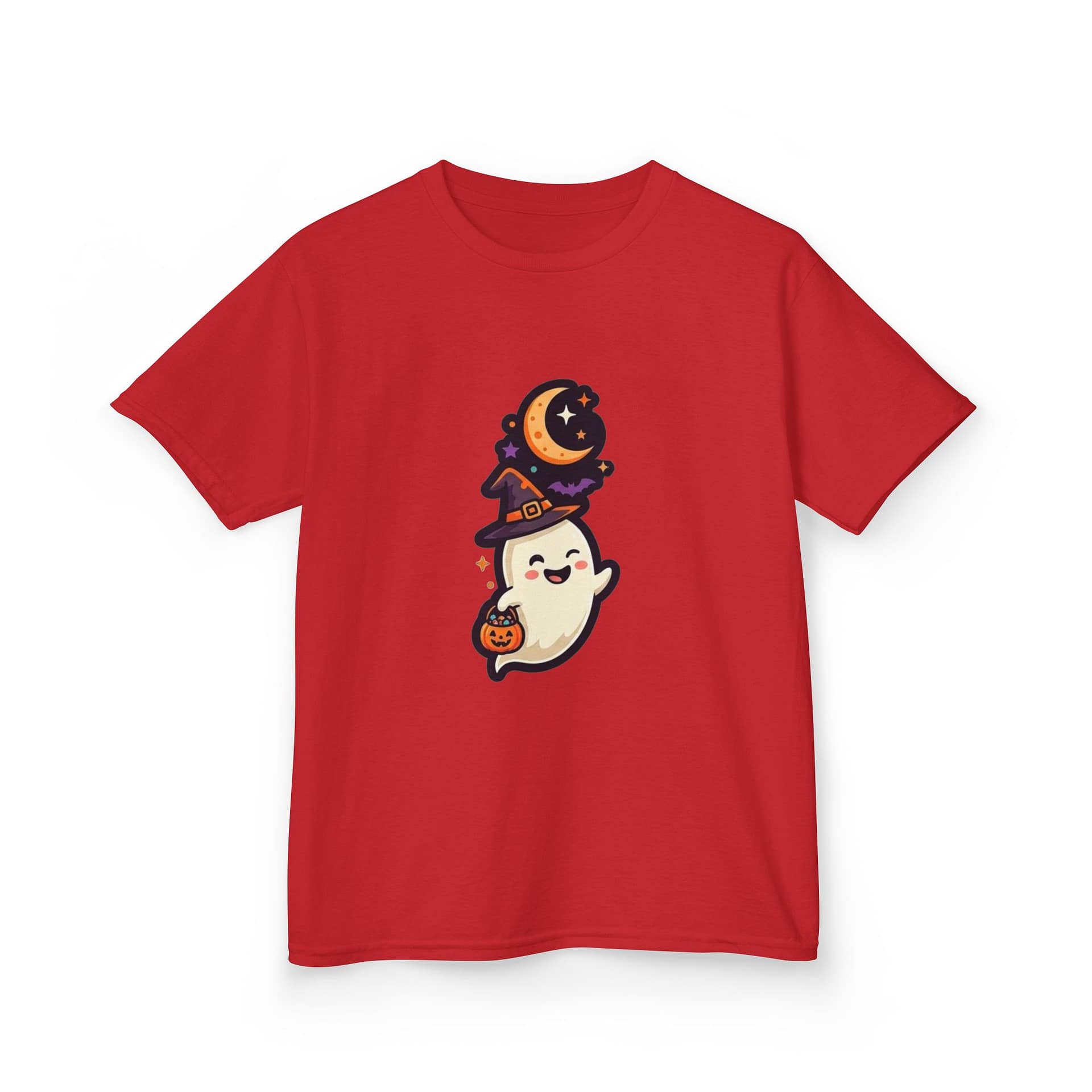 kids halloween ghost t‑shirt with witch hat and pumpkin design