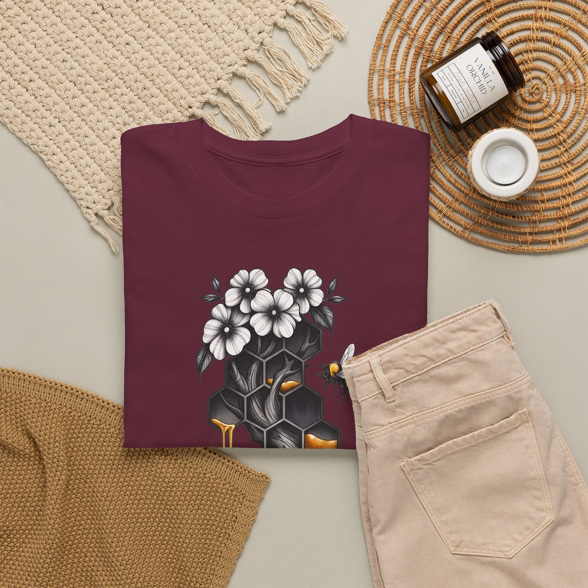Honeycomb & Blossoms T-Shirt — Floral Bee Graphic Tee - Image 12