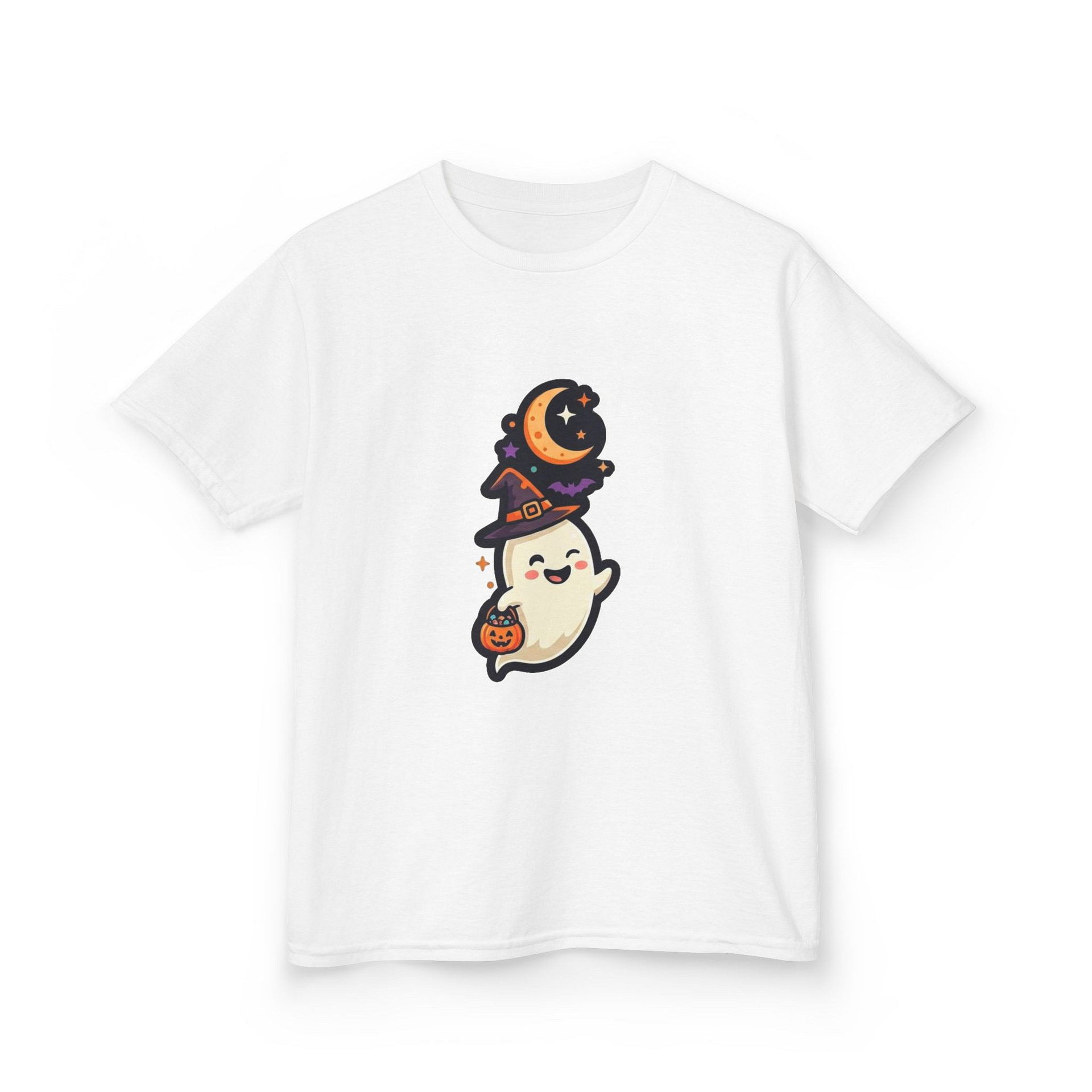 kids halloween ghost t‑shirt with witch hat and pumpkin design