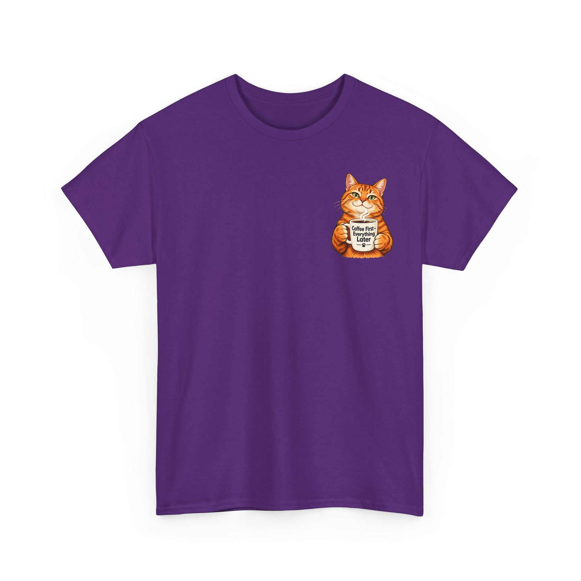 Cute orange cat holding a ‘But First Coffee’ mug printed on a unisex T‑shirt