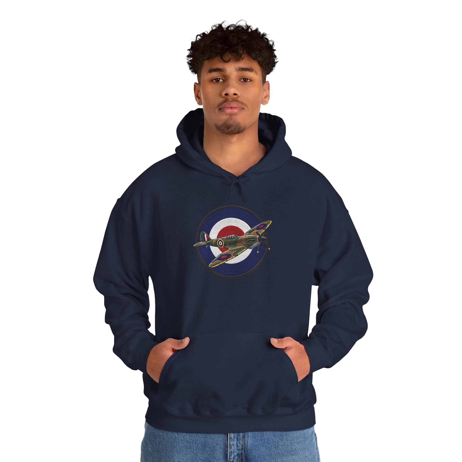 Model wearing Spitfire Vintage RAF Roundel Hoodie with WWII fighter plane artwork