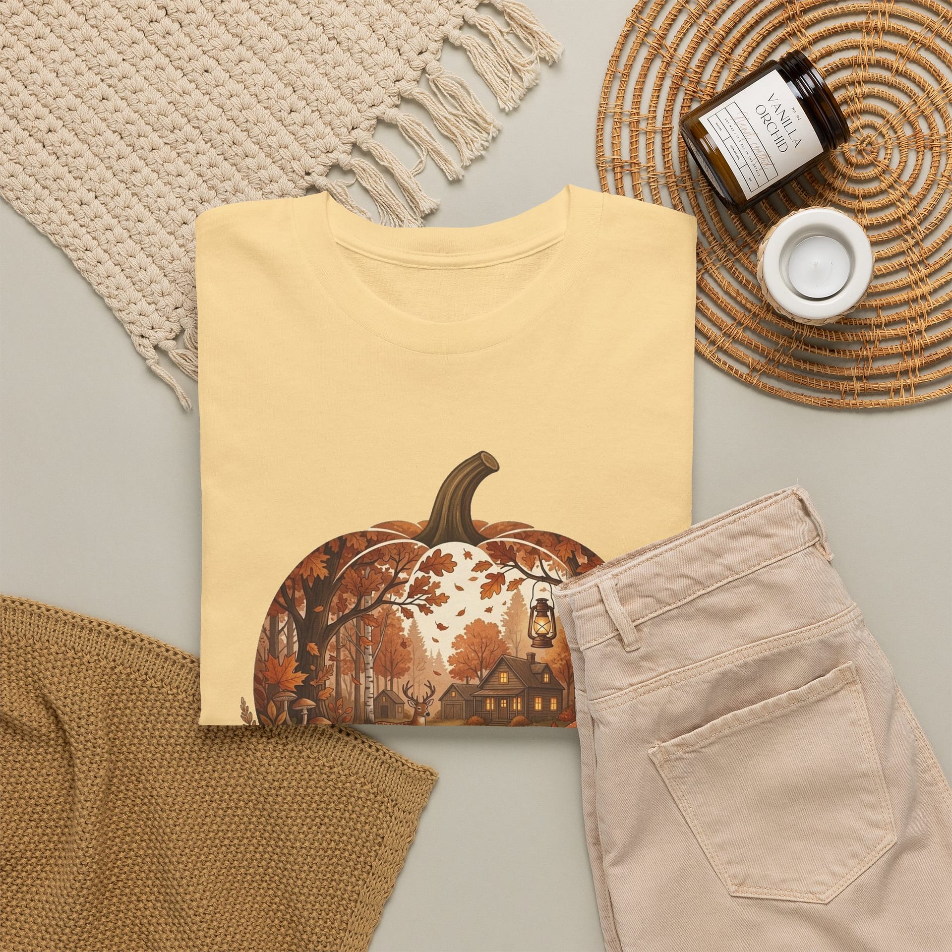 Flat lay of Autumn Pumpkin Scene T‑Shirt showing warm seasonal pumpkin design