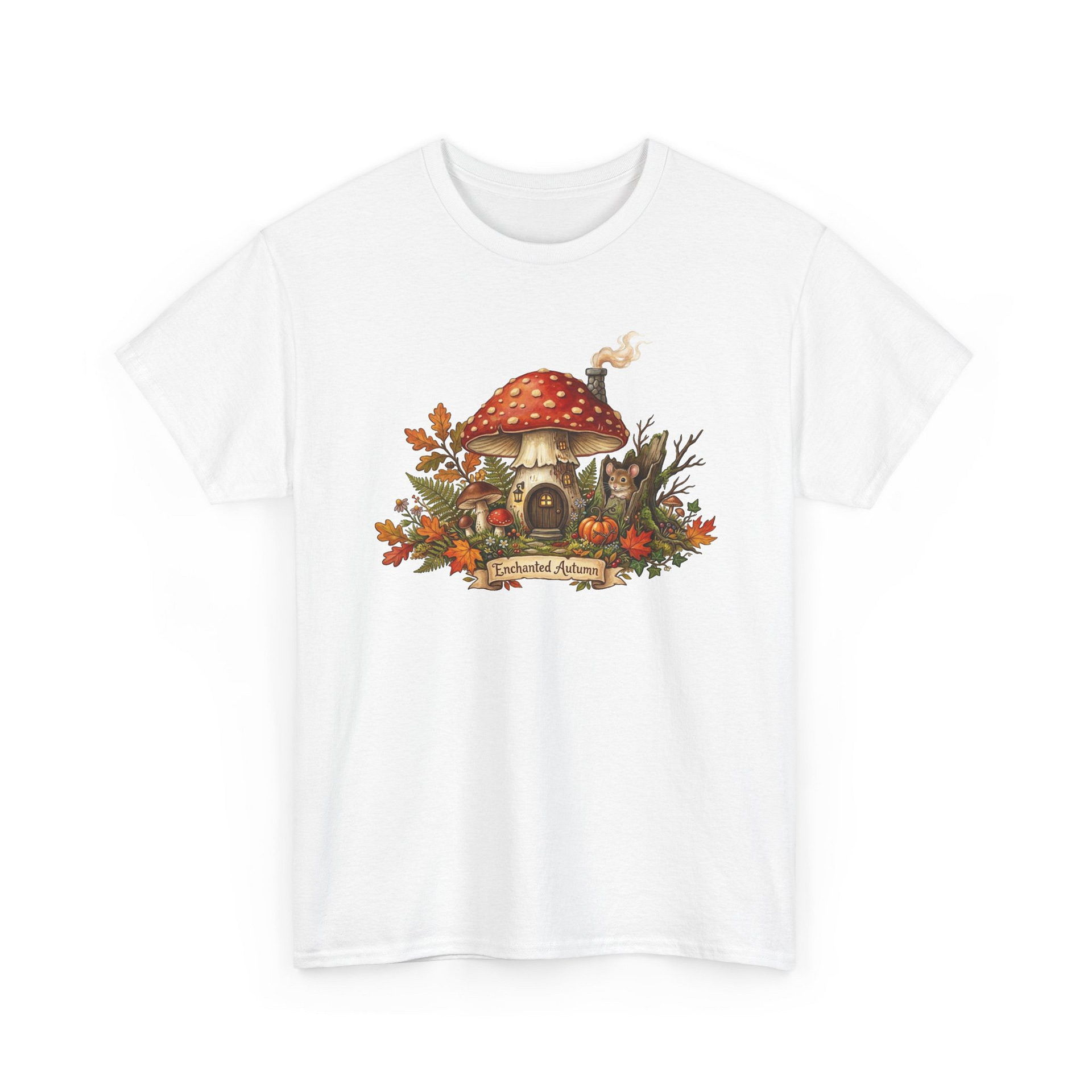 Mushroom Fairy House Tee — Autumn Woodland Cottage T‑Shirt