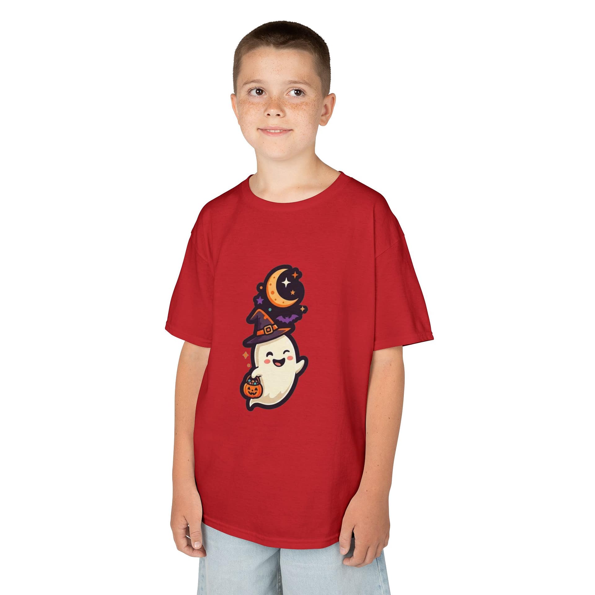 model wearing kids halloween ghost t‑shirt