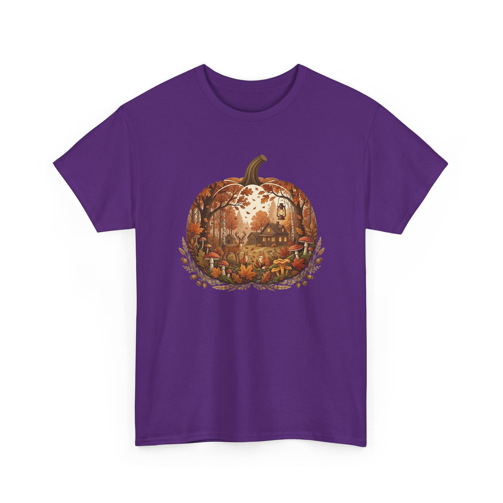 Print detail of autumn pumpkin illustration on soft cotton T‑shirt