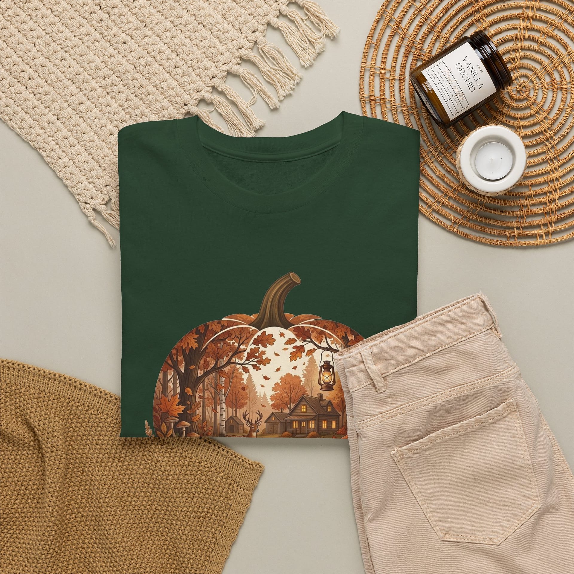 Flat lay of Autumn Pumpkin Scene T‑Shirt showing warm seasonal pumpkin design