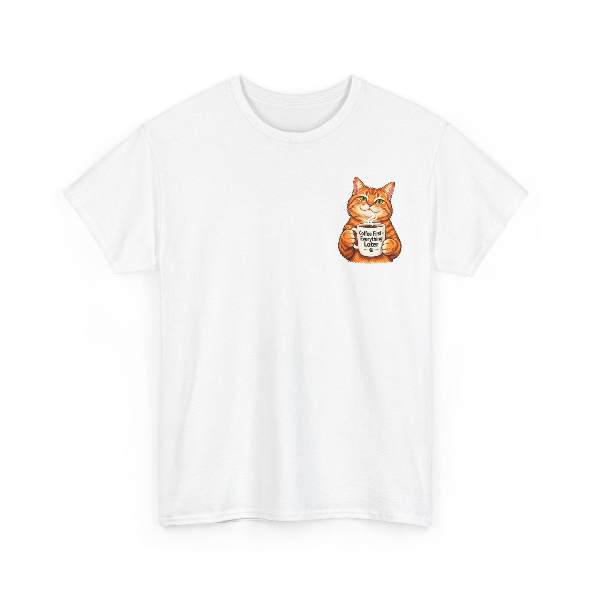 Cute orange cat holding a ‘But First Coffee’ mug printed on a unisex T‑shirt